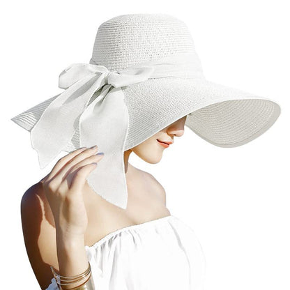 Womens Bowknot Straw Hat Foldable Beach Sun Hat Roll up Summer Caps 12 color