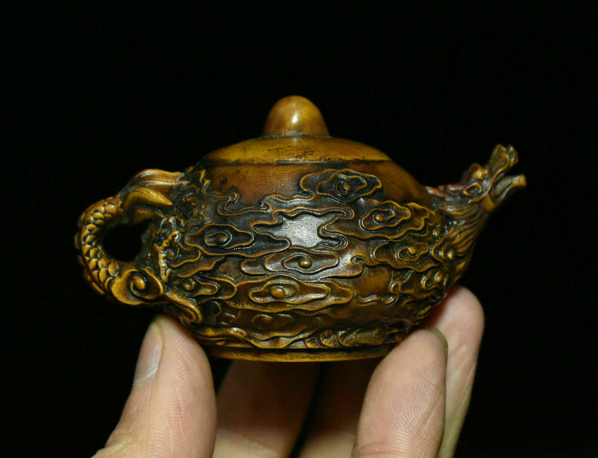 Chinese Boxwood Wood Dragon Loong Animal Beast Cloud Wine Tea Pot Flagon Statue