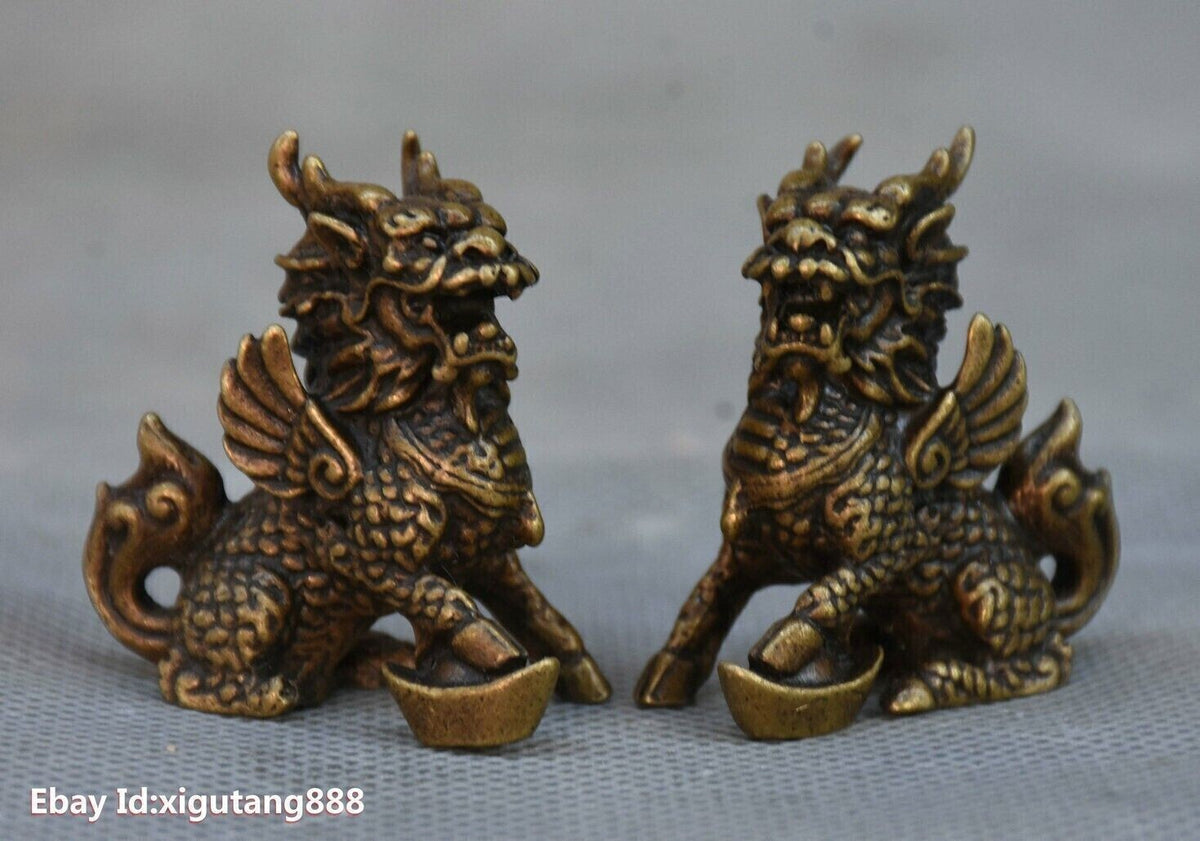 Pairs Chinese Copper Bronze FengShui Lucky Kylin Chi lin Qilin God Beast Statue