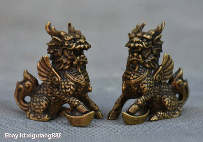 Pairs Chinese Copper Bronze FengShui Lucky Kylin Chi lin Qilin God Beast Statue
