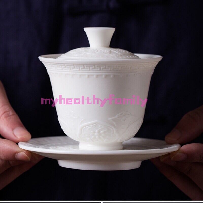 Handmade Tureen Fat Mutton Jade Porcelain Gaiwan Covered Bowl Relief Lid Saucer