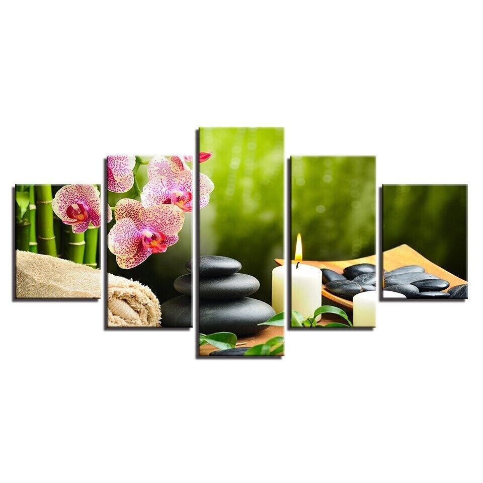 Hot Stones Orchid Flowers SPA Concept 5 Panel Canvas Print Wall Decor Art Poster