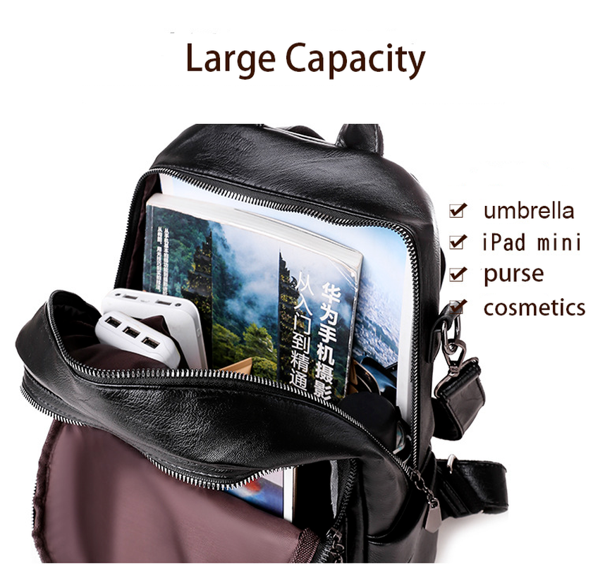 Large Capacity Black PU Leather Backpack Shoulder Bag Travel Rucksack Handbag