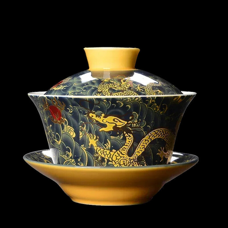 Longjing Sancai Tea Cup Retro Chinese Style Covered Bowl Large Dragon 200ml