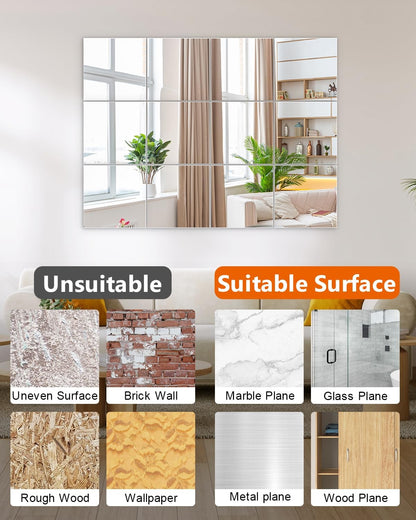 12PCS Self Adhesive Mirror Reflective Wall Sticker Film Paper Home Kitchen Decor