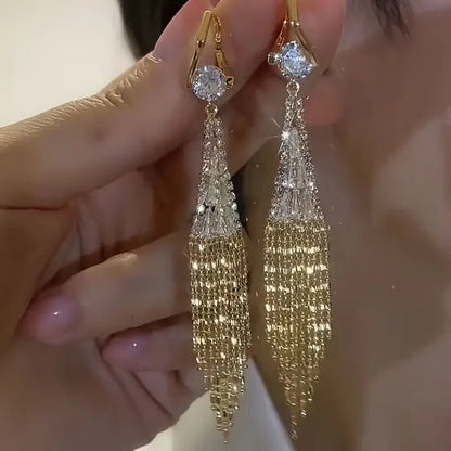 Glamorous Sparkling Tassel Dangle Earrings - Paved with Radiant Zirconia