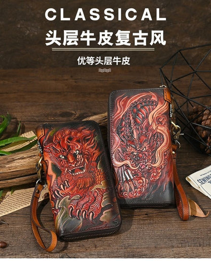 Chinese Style Leather Carved Pixiu Wallet Top Layer Cowhide Long Clutch Purse