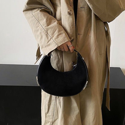 Brushed Fabric Handbag Half Moon Shoulder Bag Dumpling Shape Zipper Purse 1 Pc