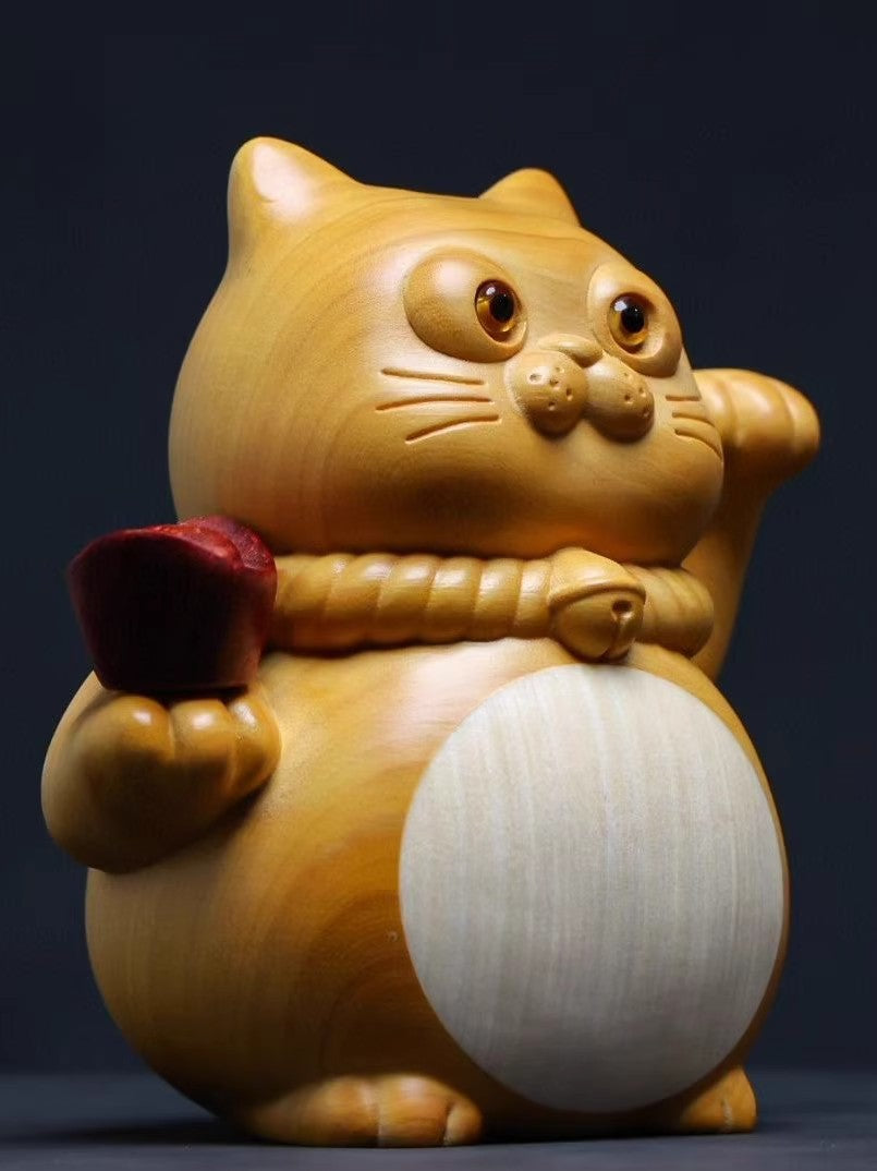 Boxwood Cat Statue Lucky Ingot Money Figure Handcraft Feng Shui Table Decor