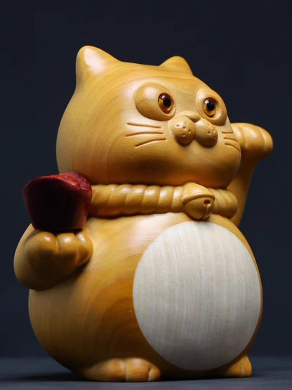 Boxwood Cat Statue Lucky Ingot Money Figure Handcraft Feng Shui Table Decor