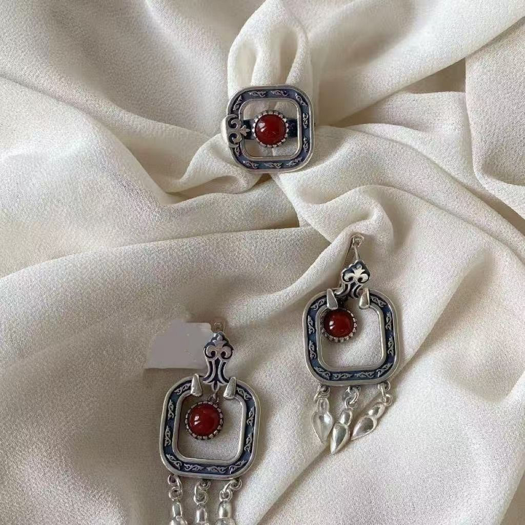 Kazakh Ethnic Vintage Ring & Earring Set Red Stone Tassel Jewelry