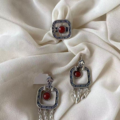 Kazakh Ethnic Vintage Ring & Earring Set Red Stone Tassel Jewelry