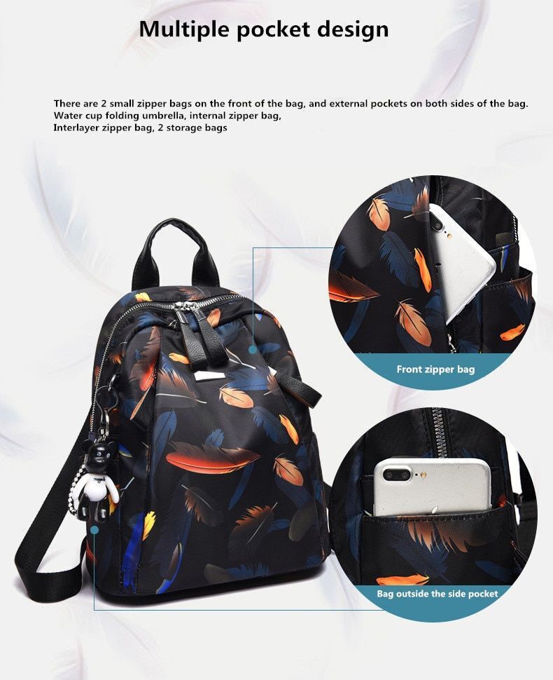 Feather Print Backpack Oxford Cloth Waterproof Travel Casual Schoolbag Large 1PC