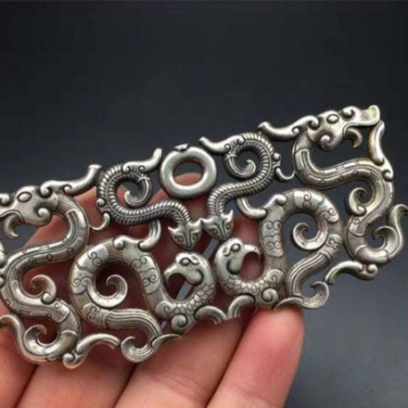 Retro White Copper Silver Plated Hollow Double Dragon Pendant Carved Decor