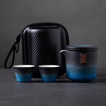 Black and Blue Ceramic Teapot with 2 Cups Portable Travel Tea Set