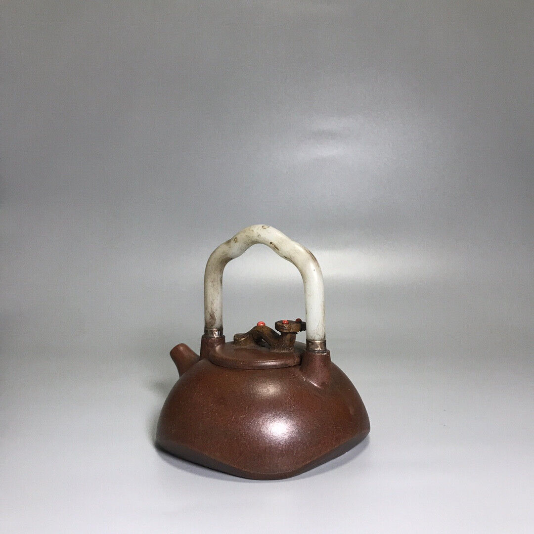 Chinese Yixing Zisha Clay Handmade Exquisite Teapot （方瓢镶玉提梁 底款：杨鹏年）