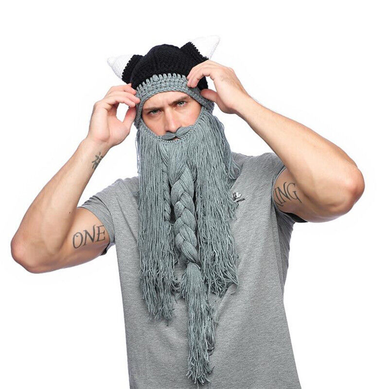 Nordic Style Hats Winter Viking Horn Wool Creative Long Beard Hats Halloween Cap