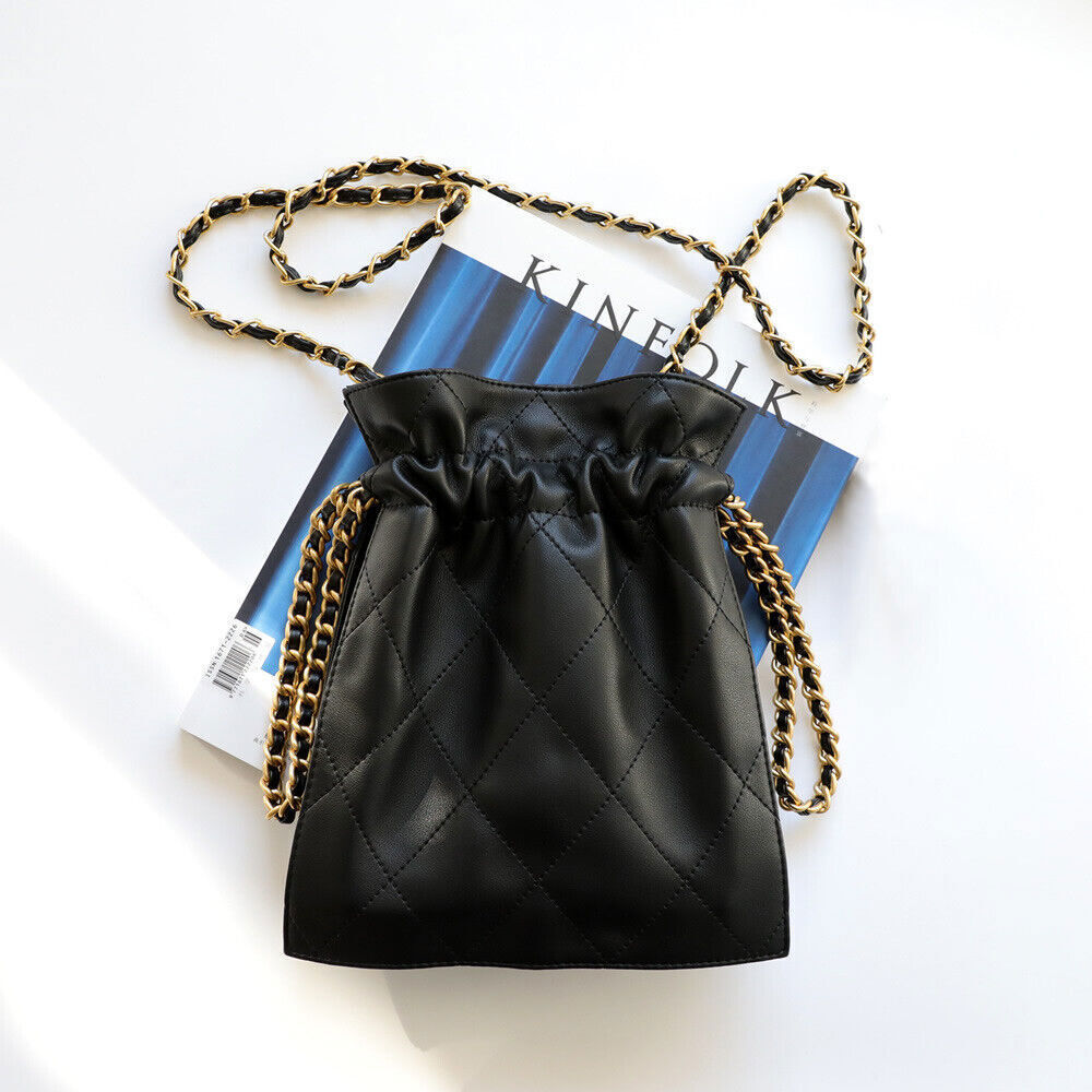Quilted Real Leather Drawstring Bucket Shoulder Bag Purse Crossbody Handbag Tote