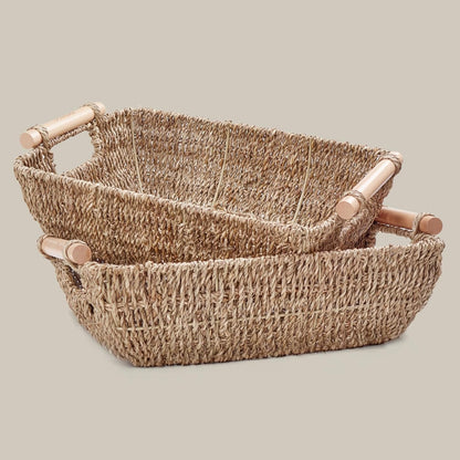 Hand-Woven Wicker Large Storage Baskets with Wooden Handles for Organizing 2-Pac