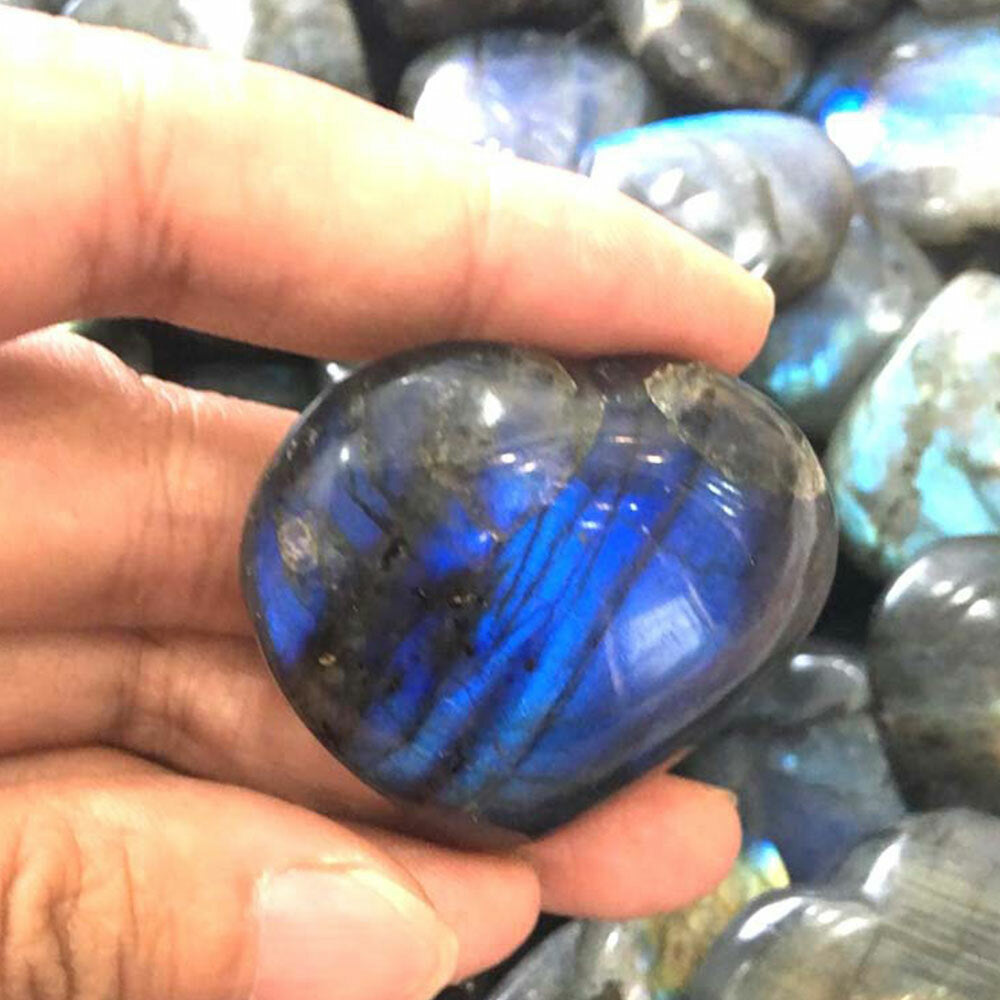 2pcs Natural Labradorite Heart Quartz Spectrolite Healing Palm Stone Rock Polish