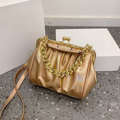 Shoulder Bag Pleated Bag Thick Chain Clip Handbags Satchel Leather Crossbody Bag