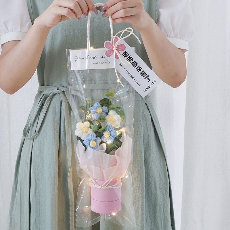 Crochet Flowers Bouquet Milk Cotton Hand-Knitted LED Light Gift Bag Floral Decor