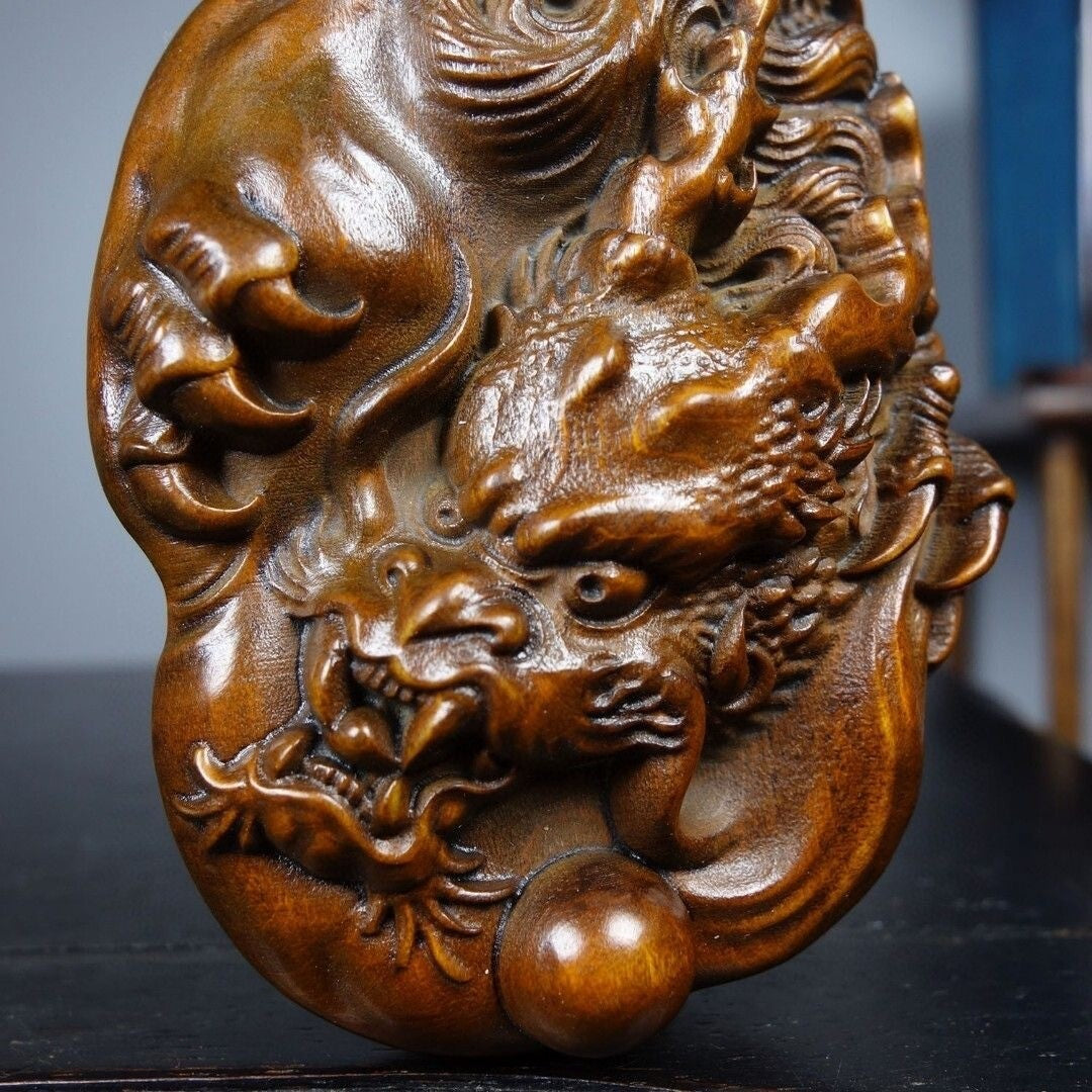 Chinese Boxwood Exquisite Dragon Statue Loong Two-sided Carving Desktop Decor