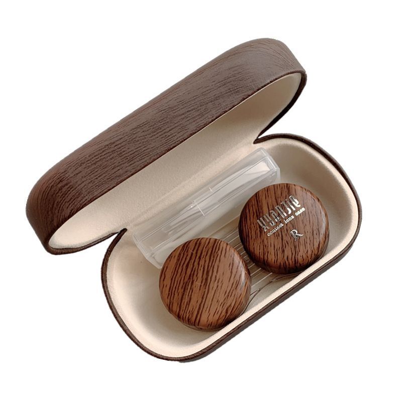 Contact Lens Case Leather Wood Grain Large Leakproof Storage Boxes 9.2x5.4x3.2cm