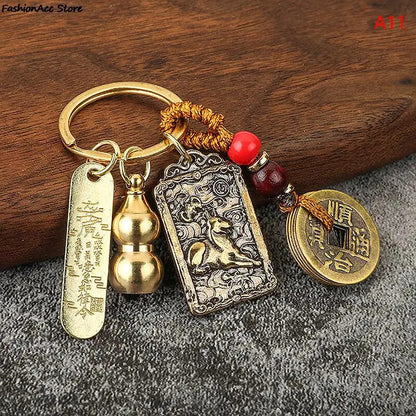 Chinese Style Zodiac Brass Gourd Five Emperors Money Keychain Metal Fengshui