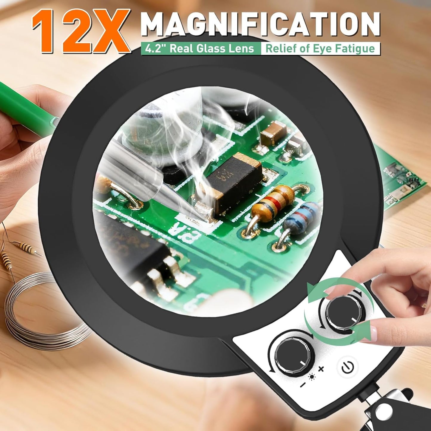 12X Magnifying Glass with Light, Ultra Long 3 Section Swing Arm Magnifier with S