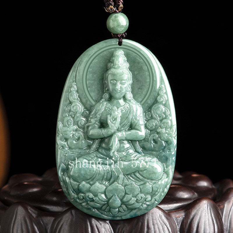 Jade Baolian Guanyin Buddha Statue Pendant Hand-Carved Necklace for Women Men