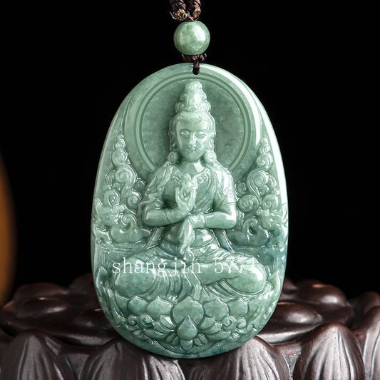 Jade Baolian Guanyin Buddha Statue Pendant Hand-Carved Necklace for Women Men