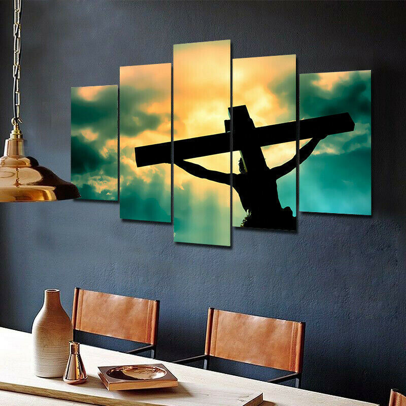 Cross Of Jesus Christ Light 5 Panel Canvas Print Wall Art Poster Home Decoration