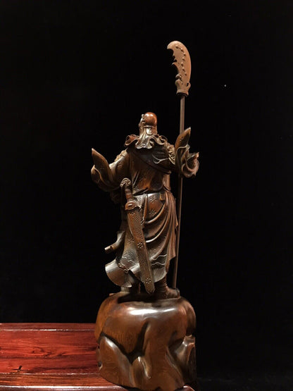 Chinese Antique Wood Carved Boxwood Guan Yu Figure Statue Sculpture Art