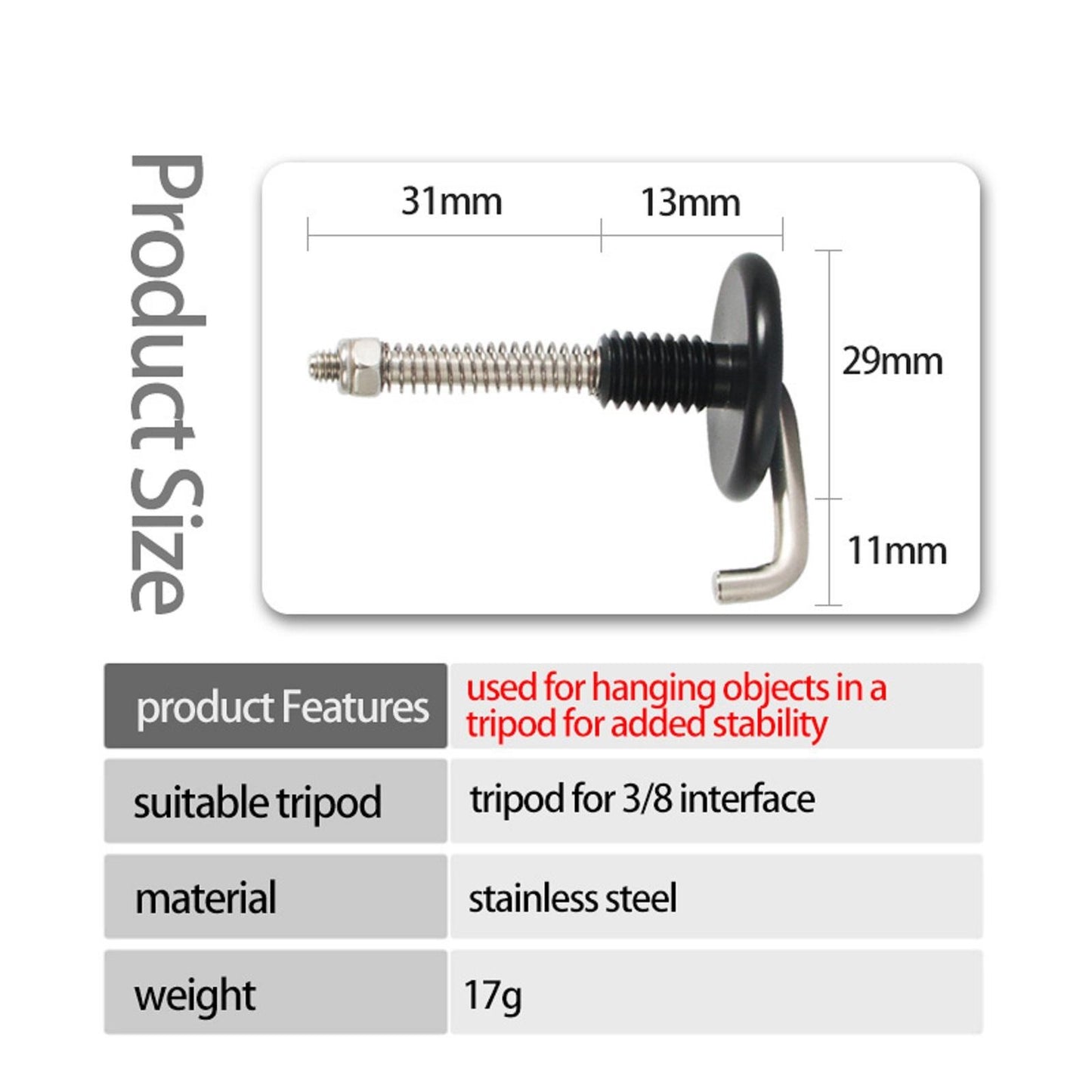 Stainless steel 3/8 interface Tripod Center Tripod Hook For Camera Tripod B