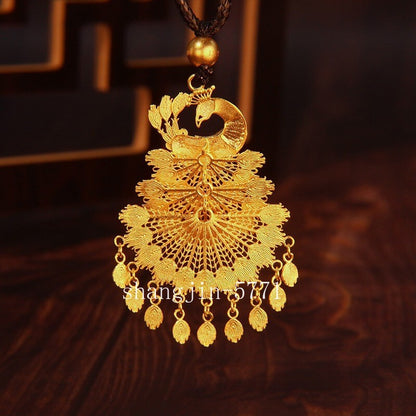 18K Gold Women's 3D Enamel Peacock GP Pendant+free Earrings