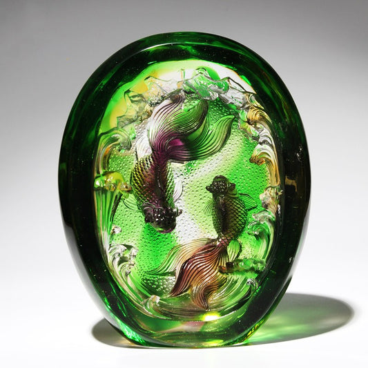 Chinese Liu Li Crystal Glass Golden Fish Statue Feng Shui Home Decor