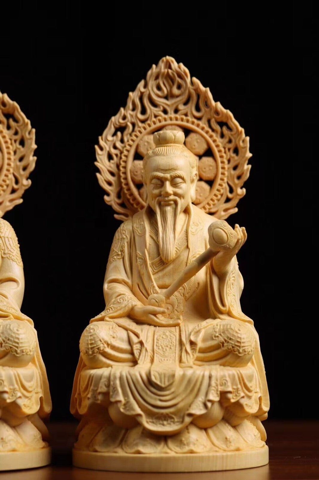 1Set 3Pcs Cypress Boxwood Wood Hand Carved Taoist Sanqing Statue