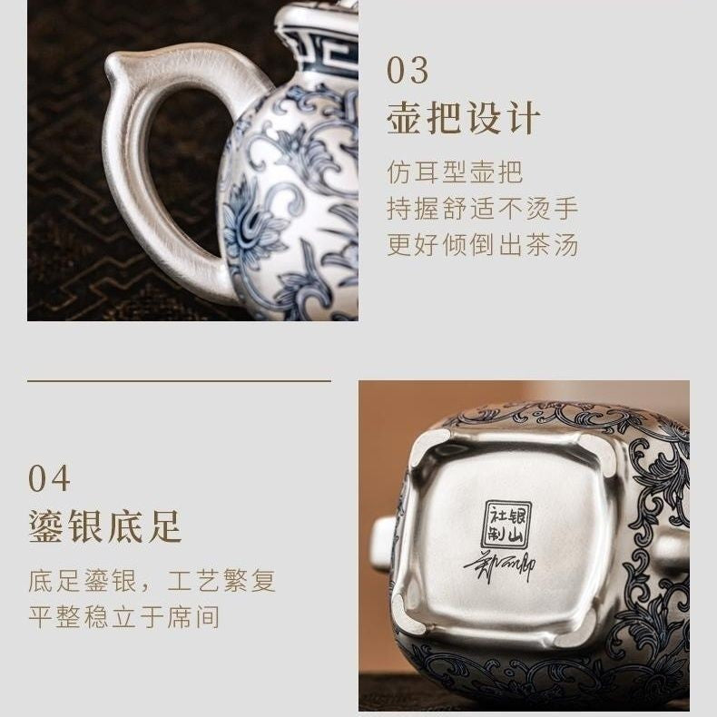 Chinese Ceramic Silver Finish Teapot 150ml Enamel Floral Square Gongfu Tea Pot