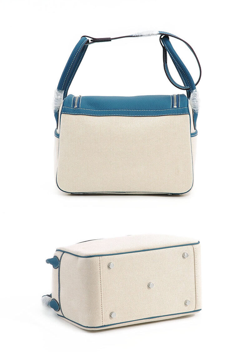 2 Szs Real Leather Linen Tote Shoulder Purse Doctor's Bag Hobo Handbag 2 Handles