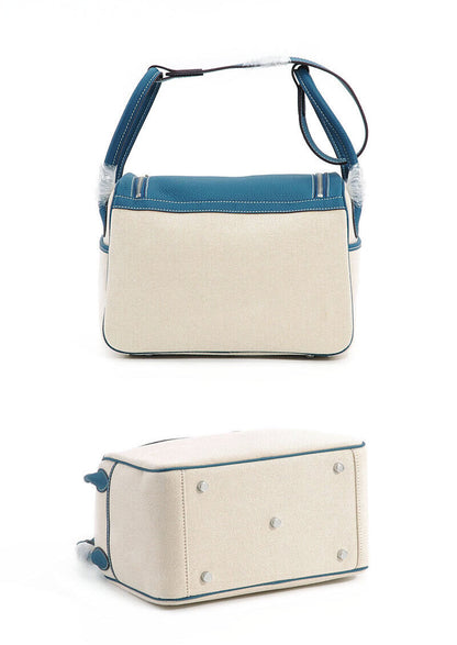 2 Szs Real Leather Linen Tote Shoulder Purse Doctor's Bag Hobo Handbag 2 Handles