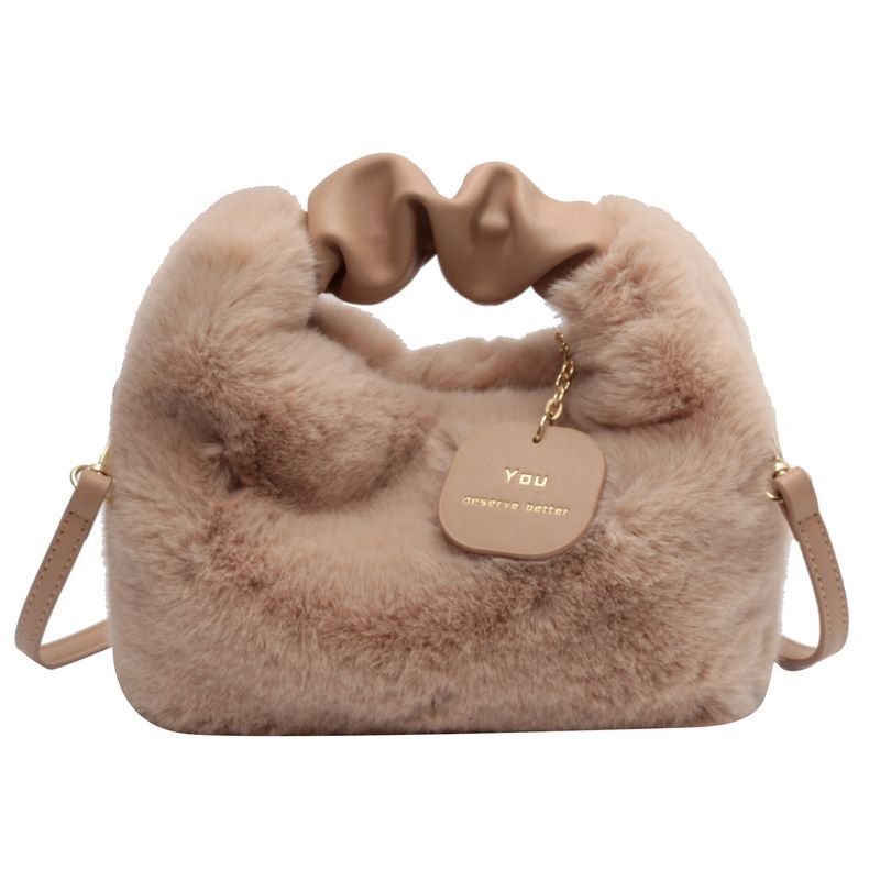 Faux Fur Handbag Zipper Small Shoulder Crossbody Bag Casual Tote Half-Moon Hobos