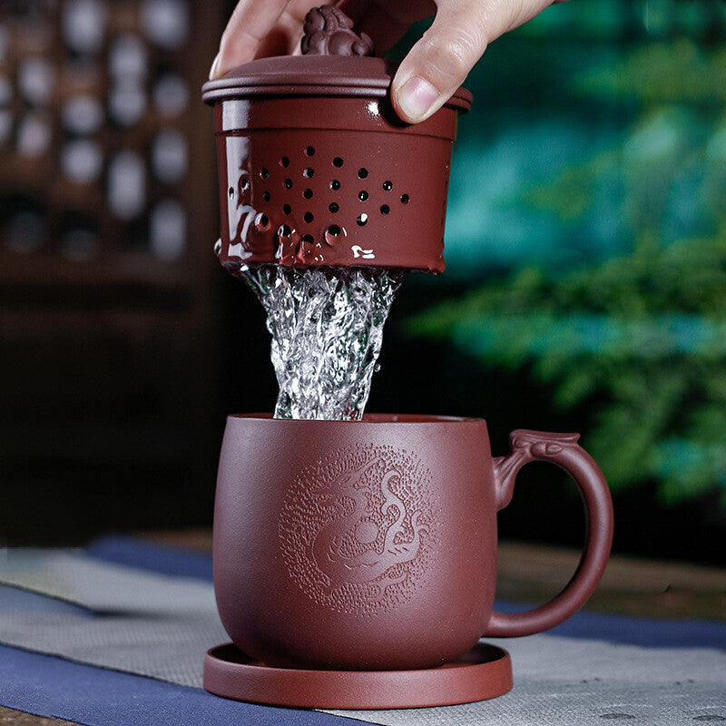 True Yixing Zisha Office Cup Marked Infuser Cup Mat Lid Handmade Tea Cup 430ml