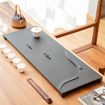 Chinese Tea Tray Black Stone Tea Table Boat Shape Design Water Draining Embossed