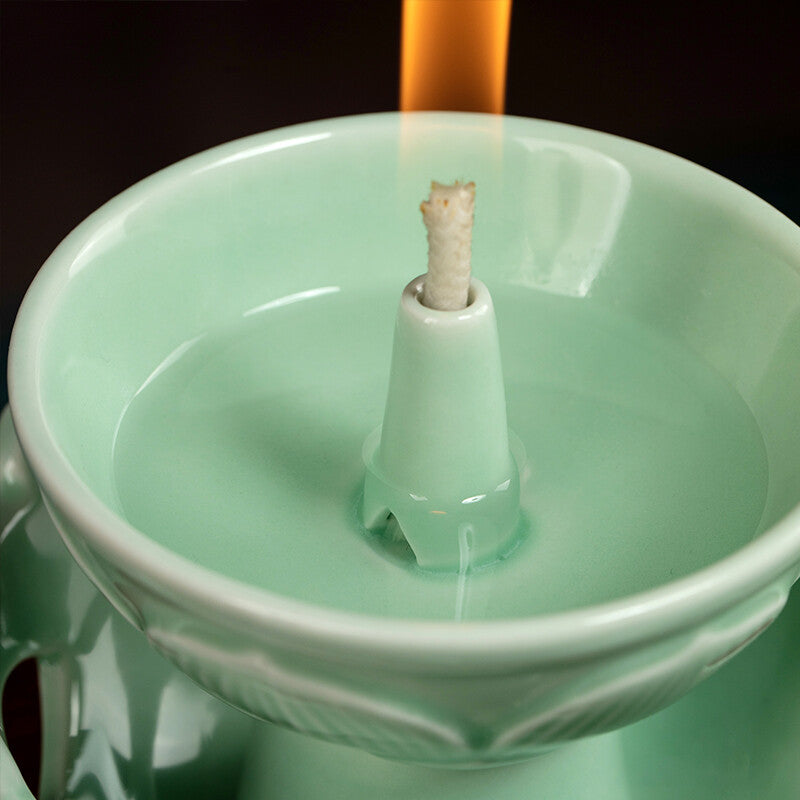Buddhist Celadon Oil Lamp Candlestick for Buddhist Butter Lamps Decoration