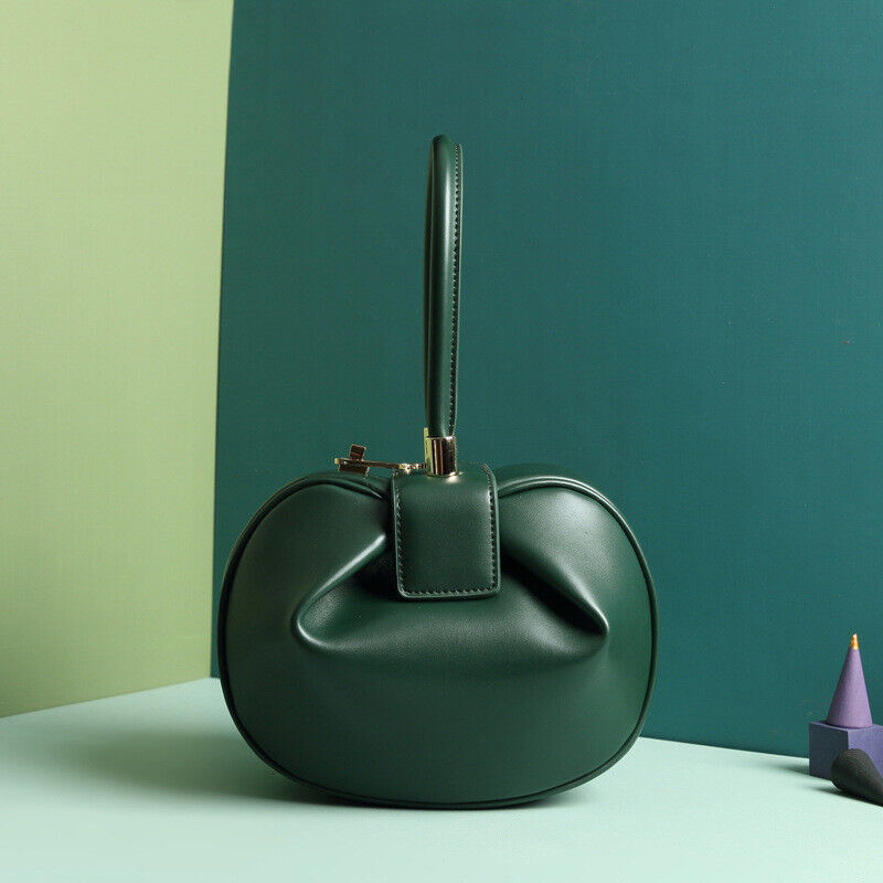 Real Leather Wonton Round Pouch Clutch Purse Top Handle Tote Handbag Grab Bag