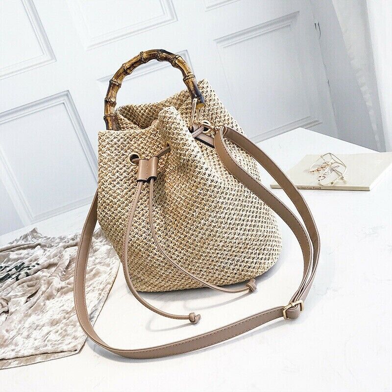 Women Ladies Handbag Vintage Straw Summer Beach Handbag Bucket Tote Shoulder Bag