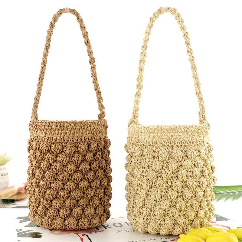 Straw Bag Vacation Beach Purse Small Bucket Portable Fashion Woven Bags 15*22 CM