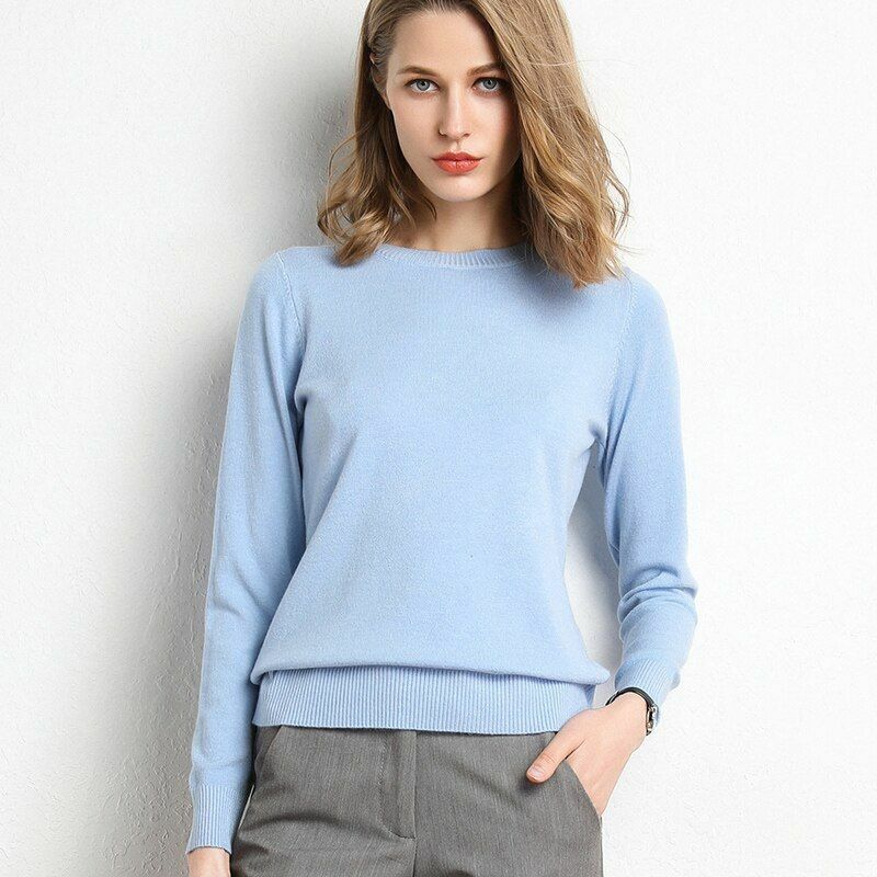 Women Sweater Clothes Solid Round Neck Jumper Long-sleeved Knitted Pullovers