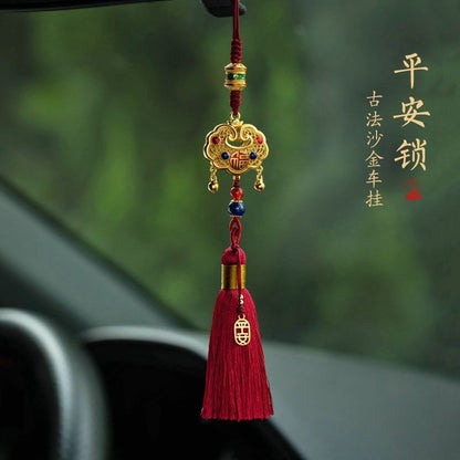 Car Hanging Ornament Ping An Lock Brass Red Tassel Rearview Mirror Decoration